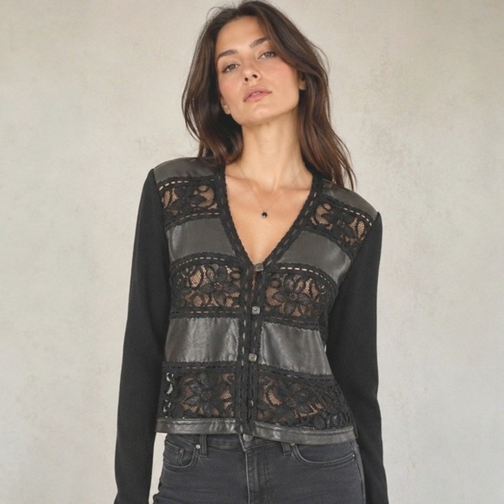 Black Leather Lace‎ Cardigan Large Goth Dark Romantic Indie Sleaze Whimsigoth